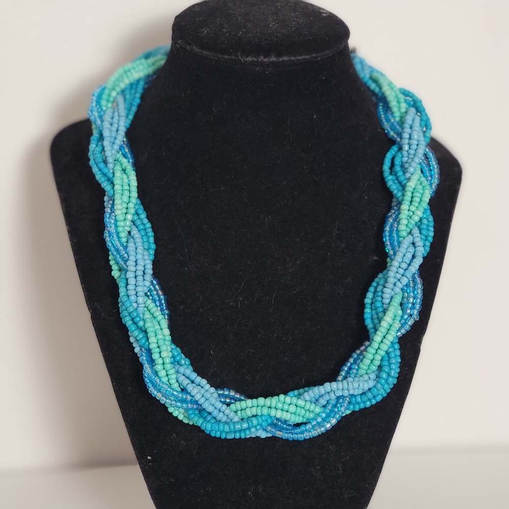 Vintage Twisted Braid Beaded Aqua Teal Necklace 17"- 18"